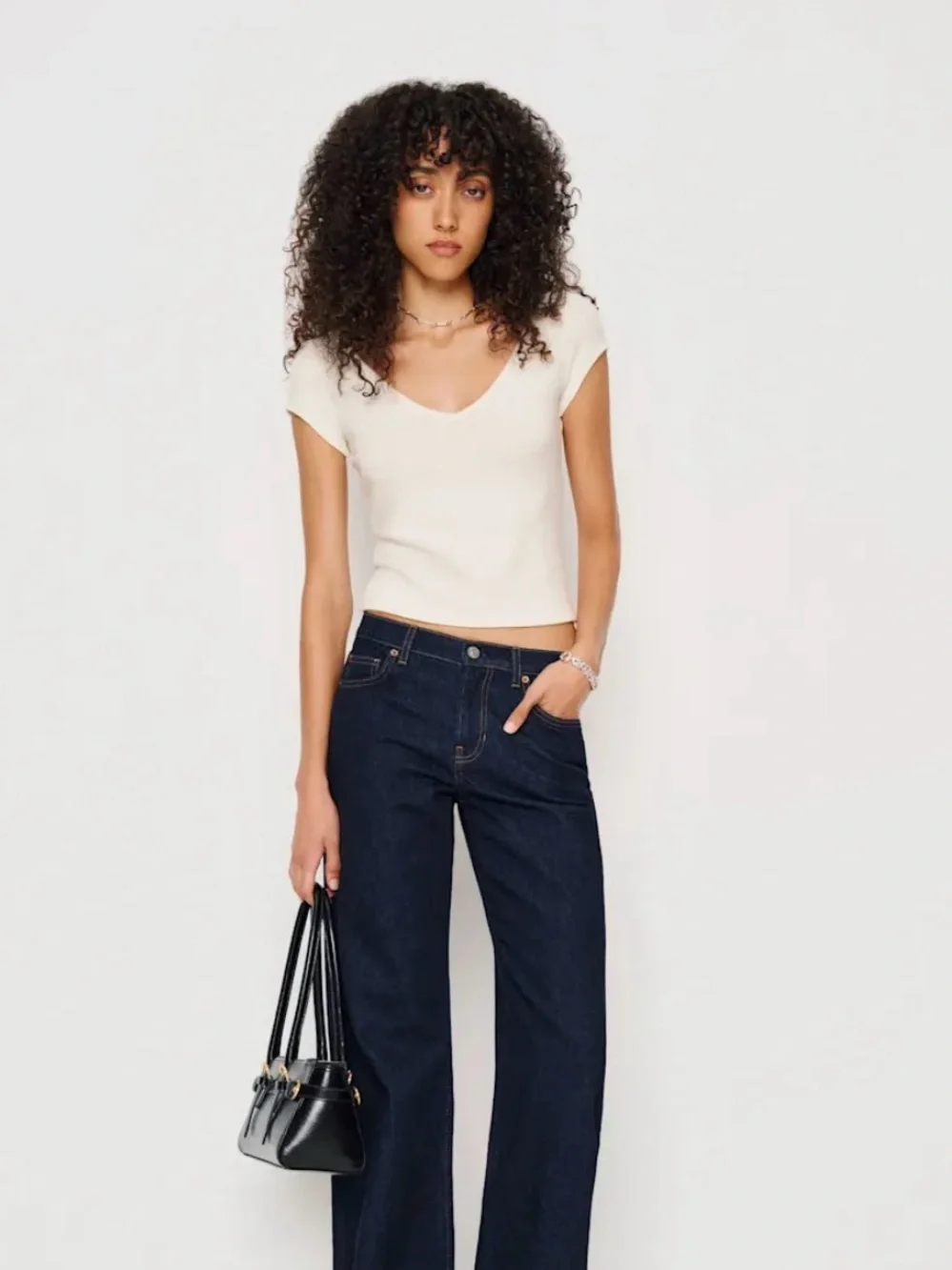 Reformation Mateo Knit Short Sleeve Deep V-Neck Tee in Fior Di Latte - Cream